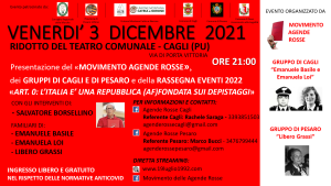 "ART. 0: L'ITALIA E' UNA REPUBBLICA (AF)FONDATA SUI DEPISTAGGI" - Cagli (PU), 3 dicembre 2021 @ RIDOTTO DEL TEATRO COMUNALE DI CAGLI